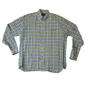 Gitman Brothers mens L Large tan green blue check linen blend oxford shirt EUC